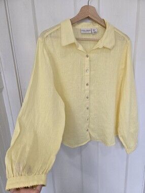 Laura Ashley Butter Yellow Linen Button-Up Blouse Size XL Cottagecore Coastal
